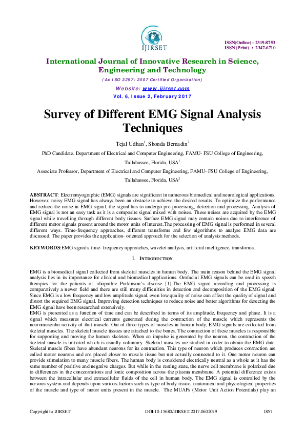 (PDF) Survey of Different EMG Signal Analysis Techniques Shonda