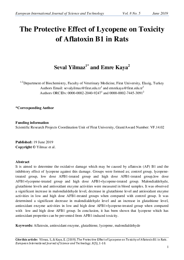 PDF) The Protective Effect of Lycopene on Toxicity of Aflatoxin B 1 in Rats