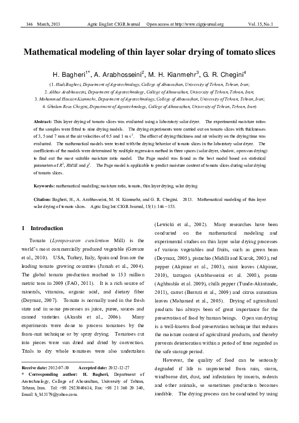(PDF) Mathematical modeling of thin layer solar drying of tomato slices