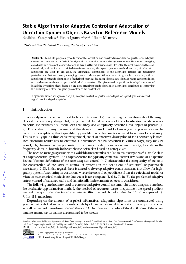(PDF) Stable Algorithms for Adaptive Control and Adaptation of ...