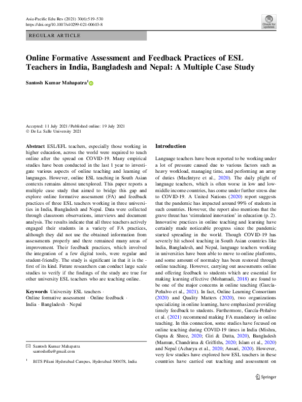 (PDF) Online Formative Assessment and Feedback Practices of ESL ...
