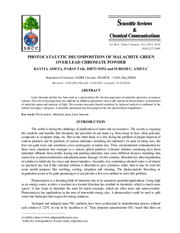 (PDF) Photocatalytic of Malachite Green Over Lead