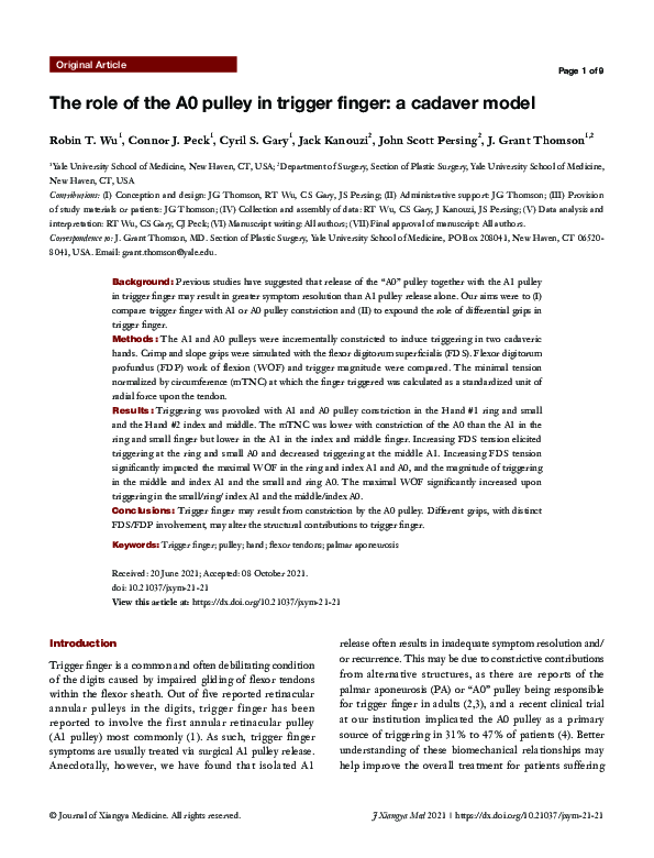 (PDF) The role of the A0 pulley in trigger finger: a cadaver model
