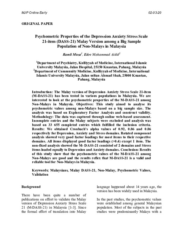 (PDF) Psychometric Properties of the Depression Anxiety Stress Scale 21 ...