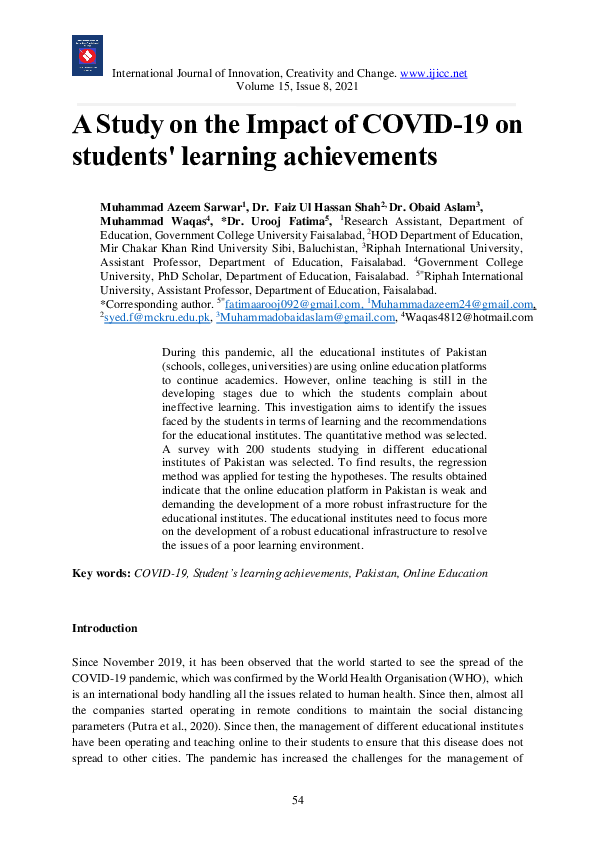 (PDF) A Study on the Impact of COVID-19 on students' learning achievements