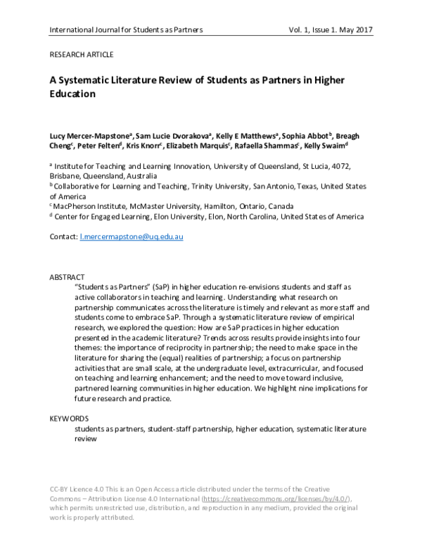 (PDF) A Systematic Literature Review of Students as Partners in Higher ...