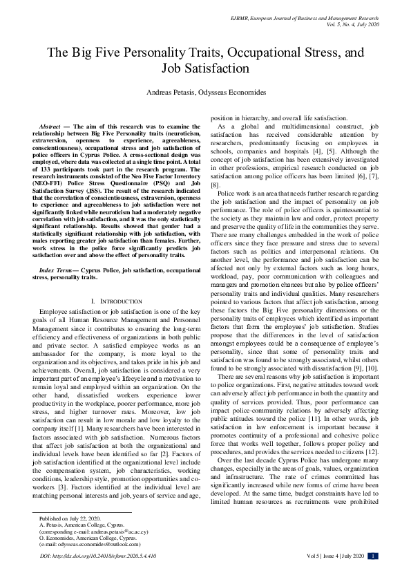 (PDF) The Big Five Personality Traits, Occupational Stress, and Job ...