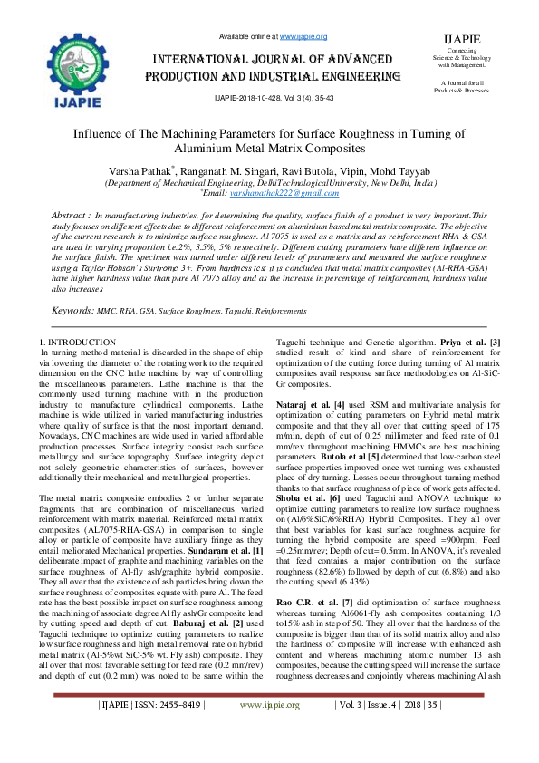 (PDF) Influence of The Machining Parameters for Surface Roughness in ...