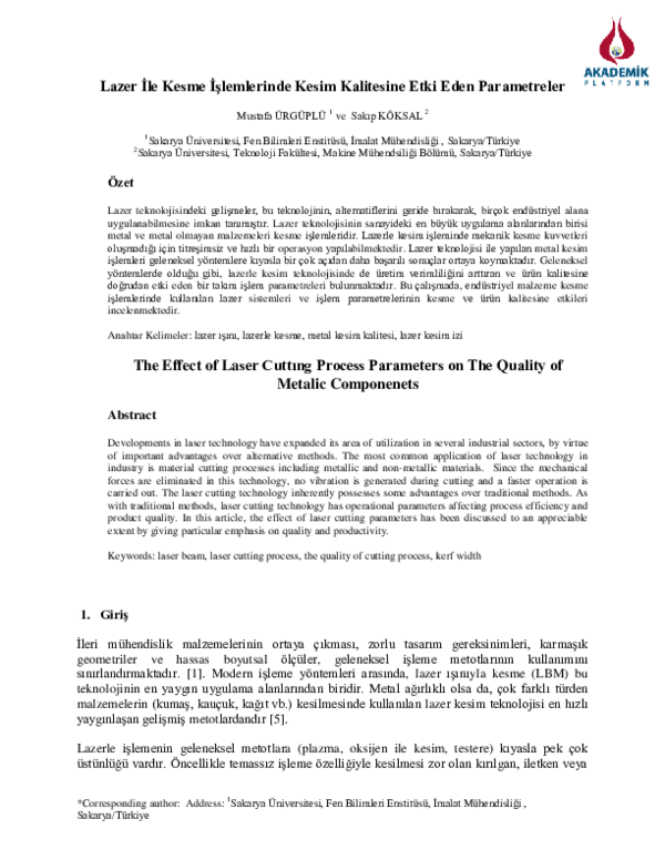 (PDF) The Effect of Laser Cuttıng Process Parameters on The Quality of ...
