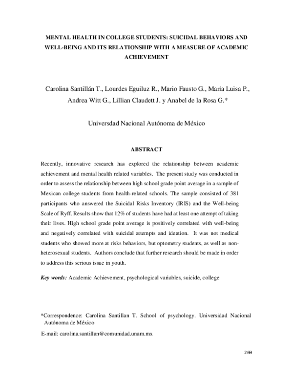 (PDF) Mental Health in College Students: Suicidal Behaviors and Well ...