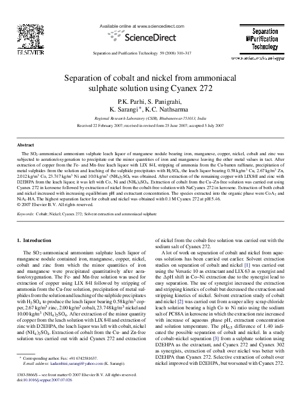 (PDF) Separation of cobalt and nickel from ammoniacal sulphate solution ...