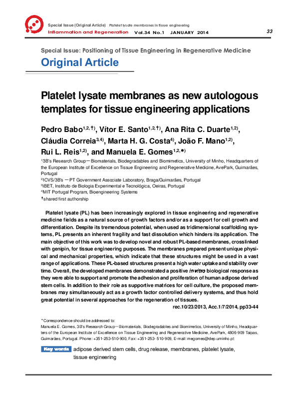 (PDF) Platelet lysate membranes as new autologous templates for tissue ...