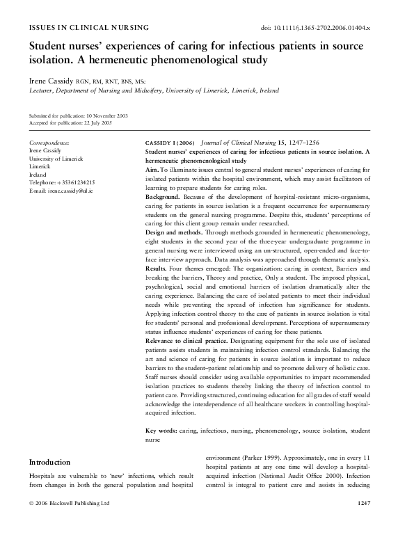 (PDF) Student nurses' experiences of caring for infectious patients in ...