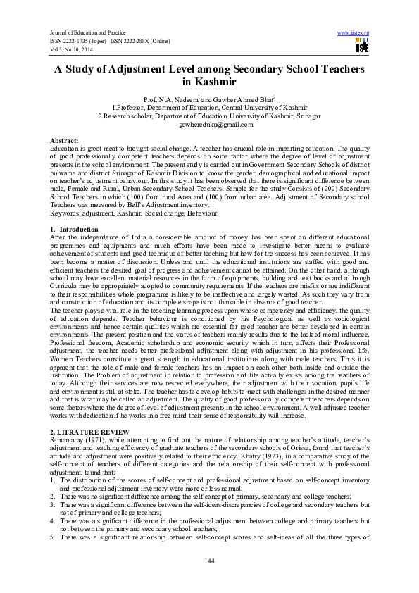 (PDF) A Study of Adjustment Level among Secondary School Teachers in ...