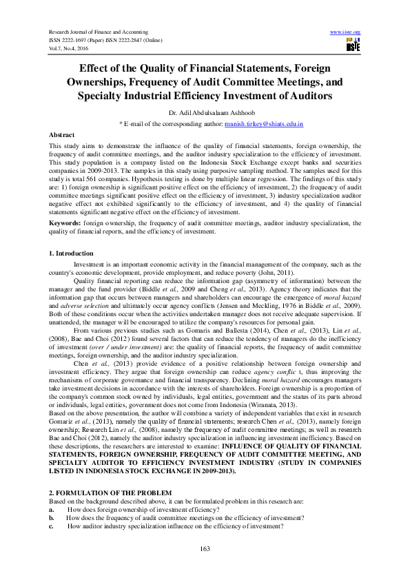 (PDF) Effect of the Quality of Financial Statements, Foreign Ownerships ...