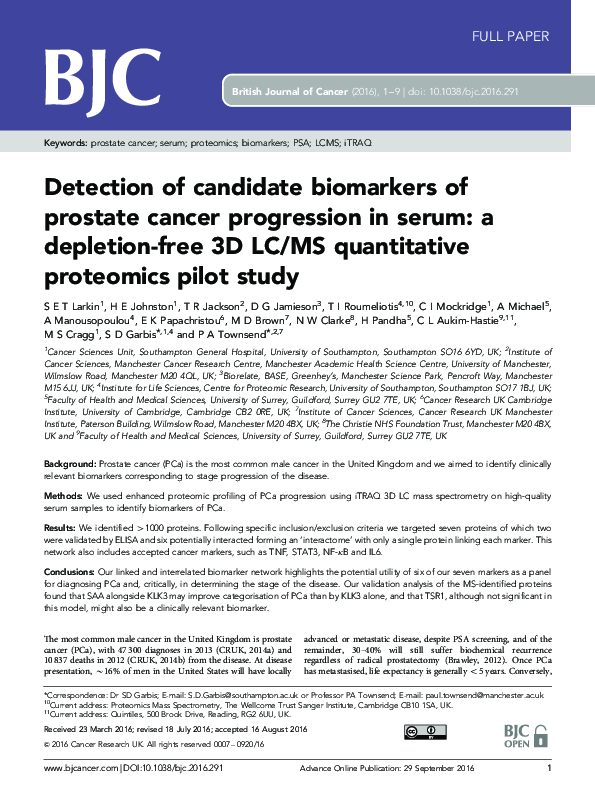 (PDF) Detection of candidate biomarkers of prostate cancer progression ...