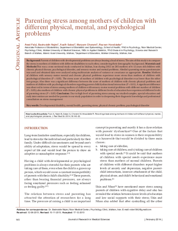 (PDF) Parenting stress among mothers of children with different ...