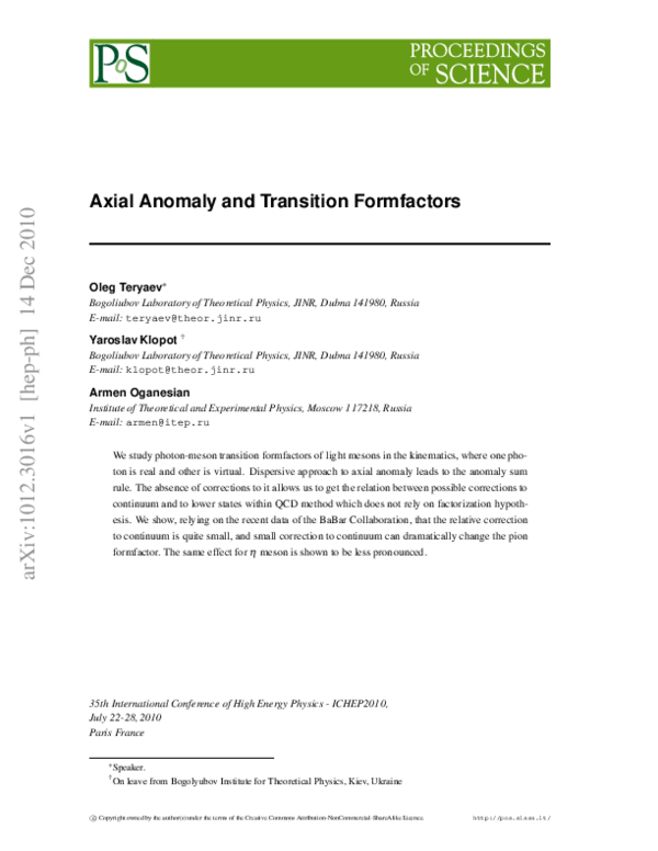 (PDF) Axial anomaly and transition form factors
