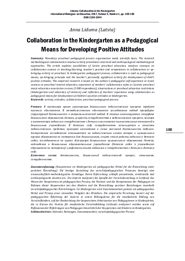 (PDF) Collaboration in the Kindergarten as a Pedagogical Means for ...