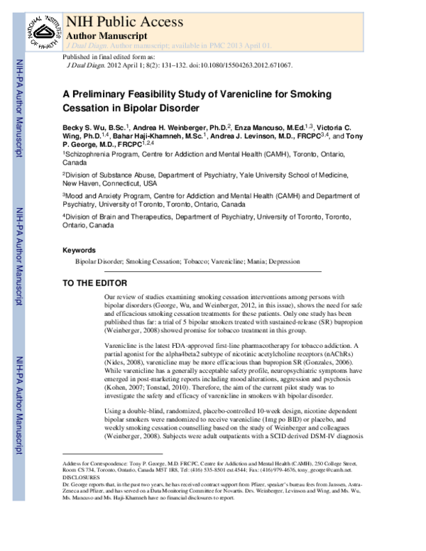 (PDF) A Preliminary Feasibility Study of Varenicline for Smoking