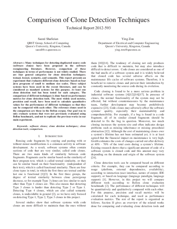 (PDF) Comparison of Clone Detection Techniques