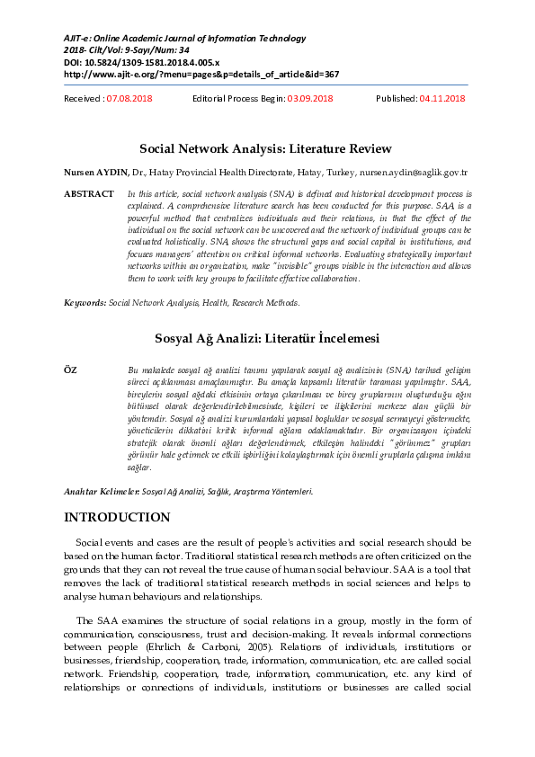 (PDF) Social Network Analysis Literature Review Nurşen AYDIN