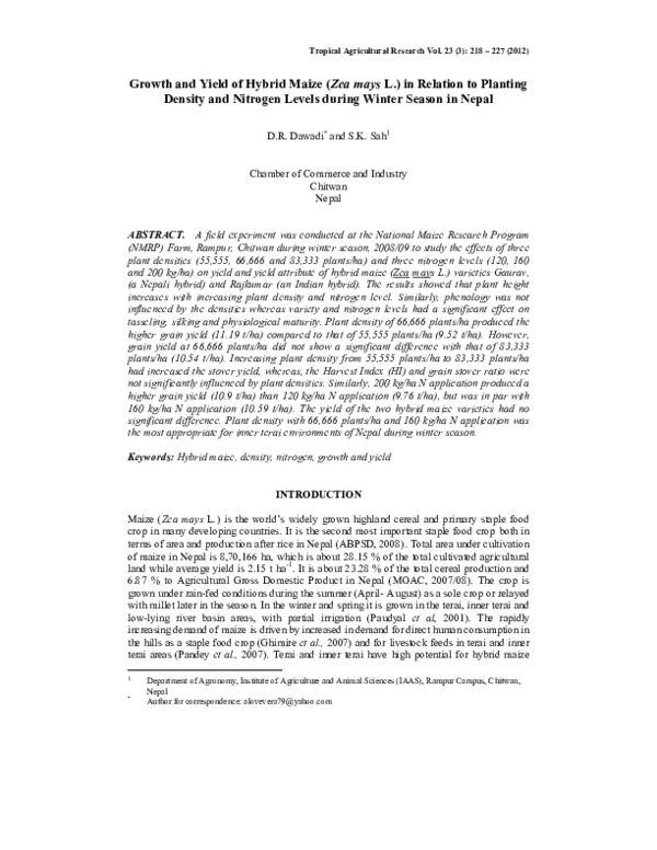 (PDF) Growth and Yield of Hybrid Maize (Zea mays L.) in Relation to ...