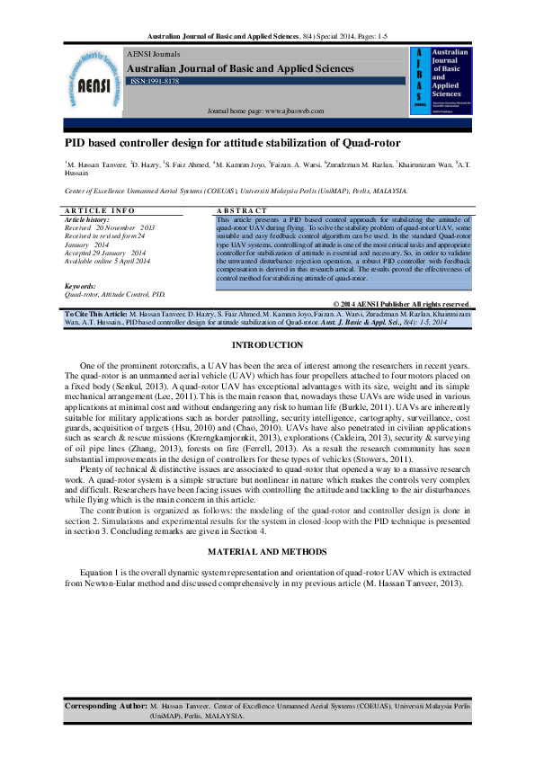 (PDF) PID based controller design for attitude stabilization of Quad-rotor