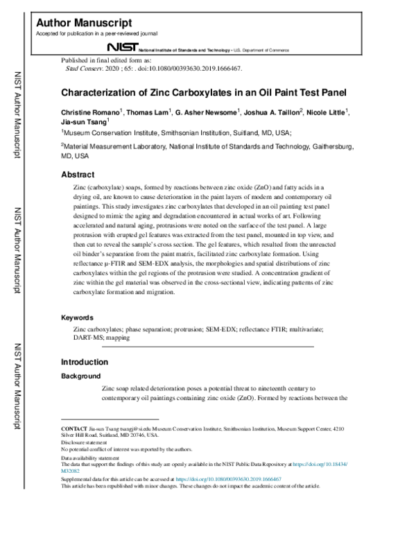 (PDF) Characterization of Zinc Carboxylates in an Oil Paint Test Panel Christine Romano