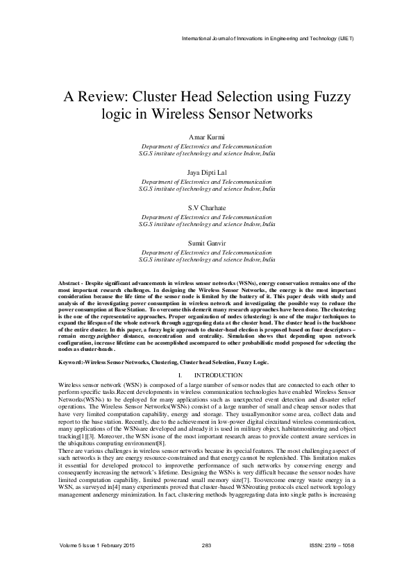 (PDF) A Review: Cluster Head Selection using Fuzzy logic in Wireless ...
