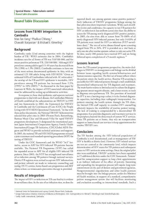 (PDF) Lessons from TB/HIV integration in Cambodia