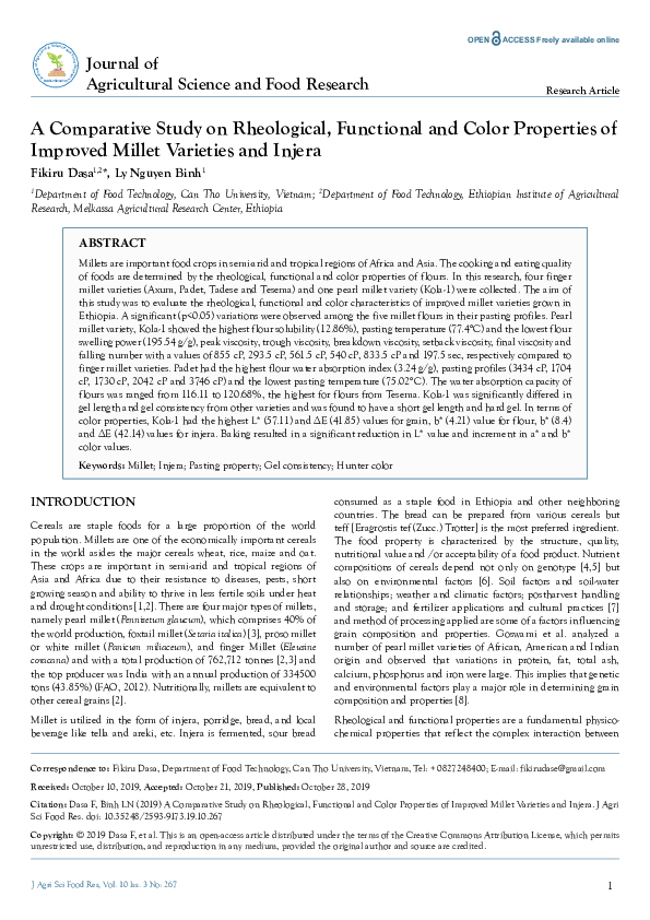 (PDF) A Comparative Study on Rheological, Functional and Color Properties of Improved Millet