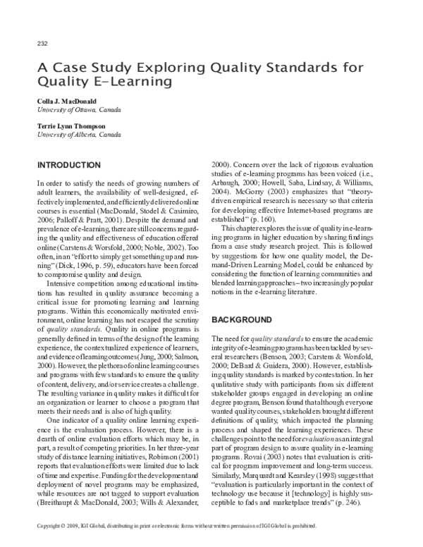 (PDF) A Case Study Exploring Quality Standards for Quality E-Learning
