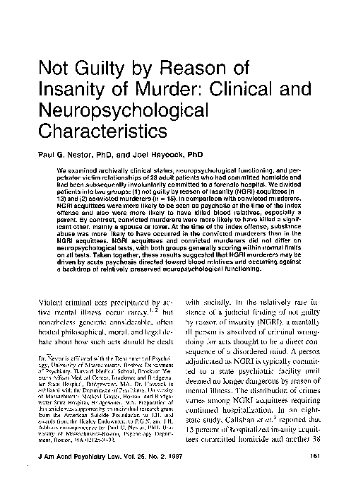 (PDF) Not guilty by reason of insanity of murder: clinical and ...
