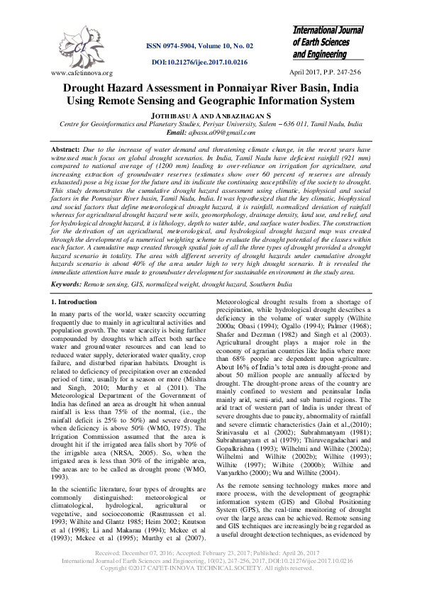 (PDF) Drought Hazard Assessment in Ponnaiyar River Basin, India Using ...