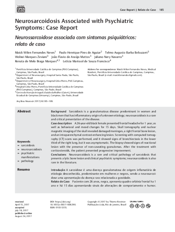 Neurosarcoidosis Associated with Psychiatric Symptoms: Case Report