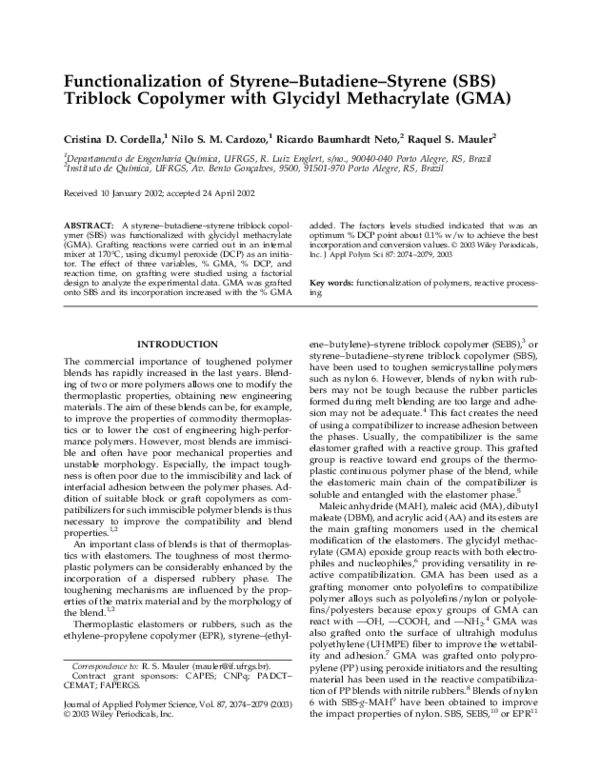 (PDF) Functionalization of styrenebutadienestyrene (SBS) triblock