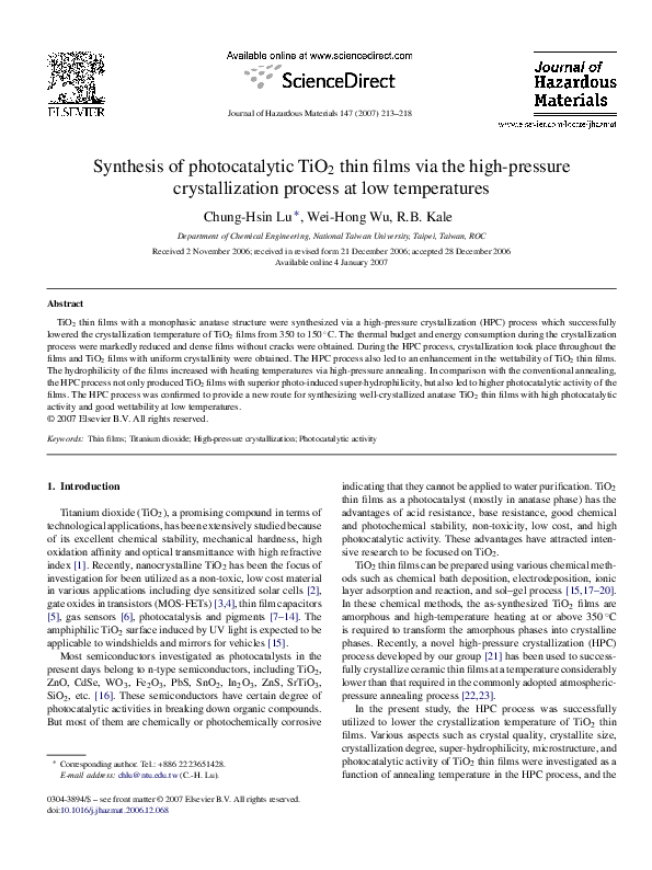 (PDF) Synthesis of photocatalytic TiO2 thin films via the high-pressure ...