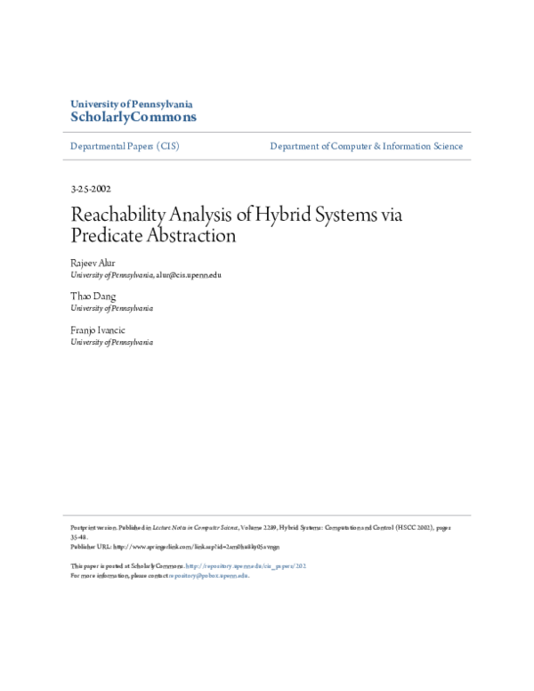 (PDF) Reachability analysis of hybrid systems via predicate abstraction