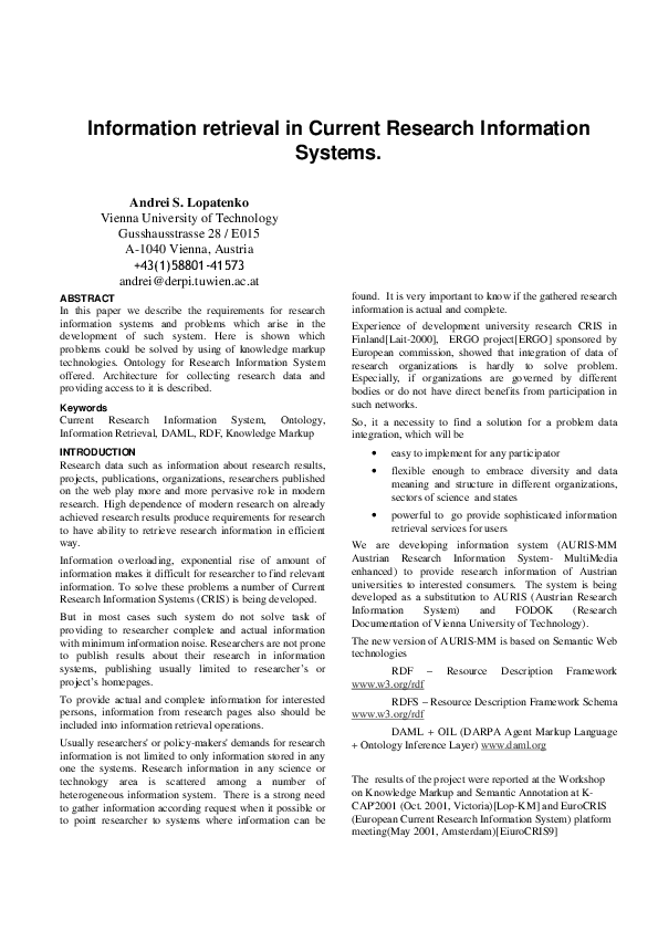 (PDF) Information retrieval in Current Research Information Systems