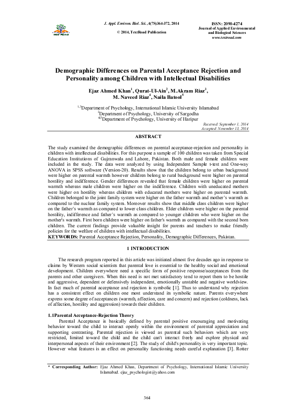 (PDF) Demographic Differences on Parental Acceptance Rejection and ...
