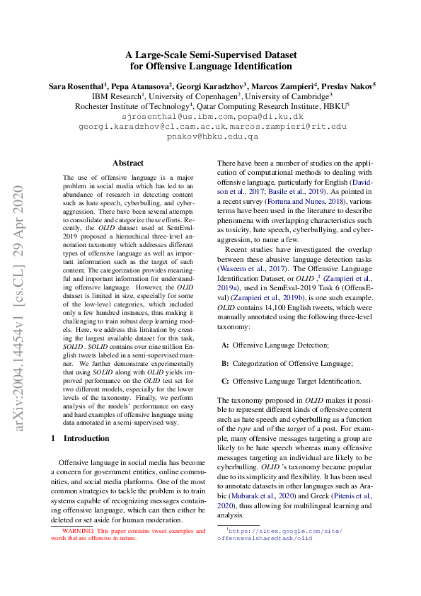(PDF) A Large-Scale Semi-Supervised Dataset for Offensive Language ...