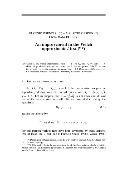 (PDF) An improvement in the Welch approximate t test