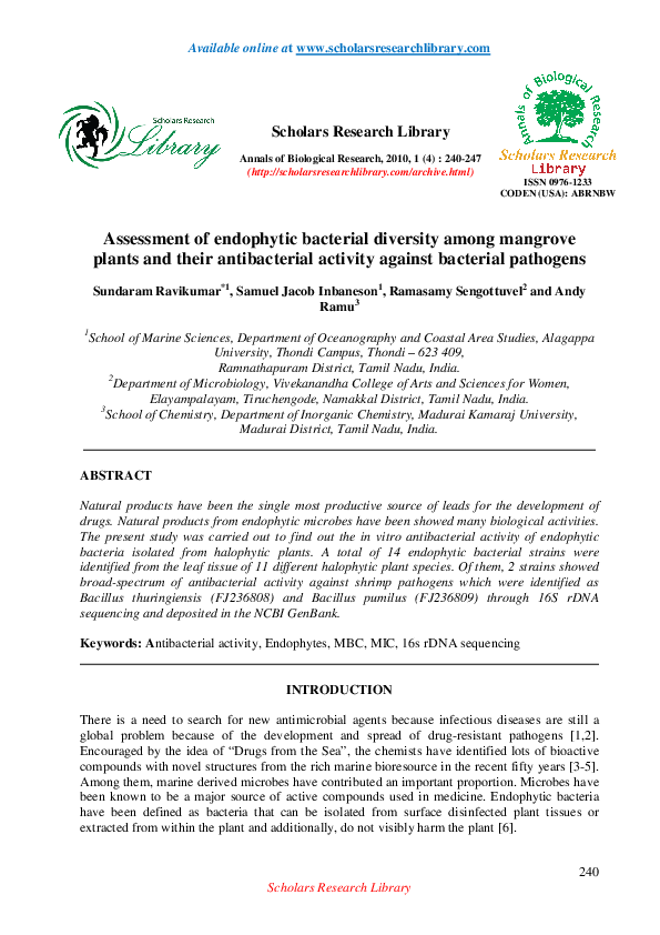 (PDF) Assessment of endophytic bacterial diversity among mangrove ...