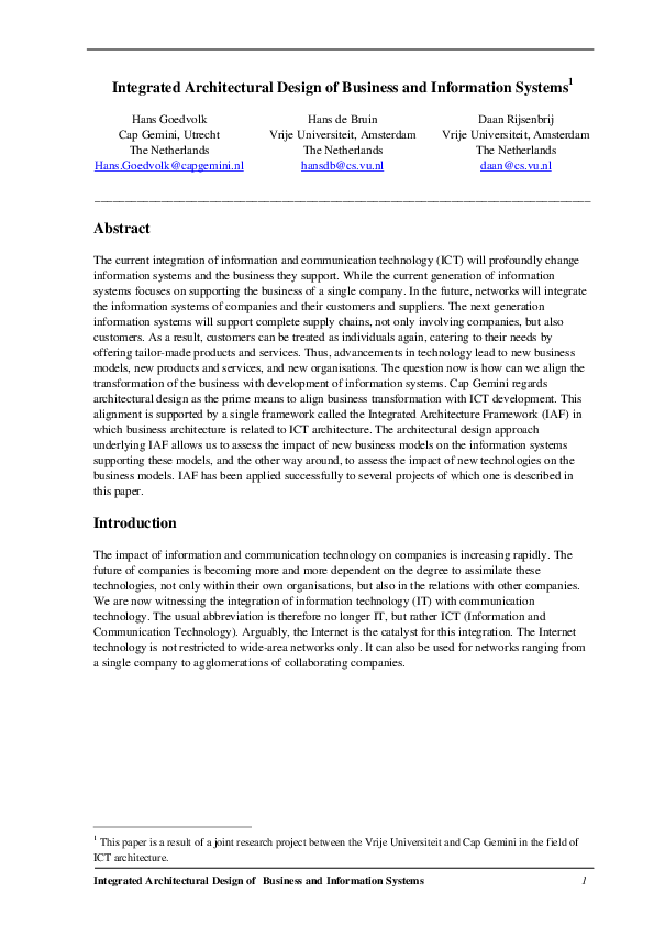 (PDF) Integrated architectural design of business and information systems