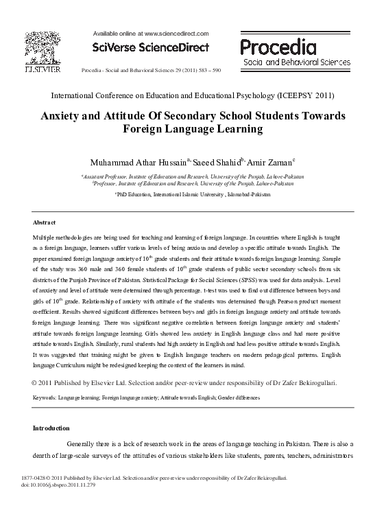 (PDF) Anxiety and Attitude Of Secondary School Students Towards Foreign ...