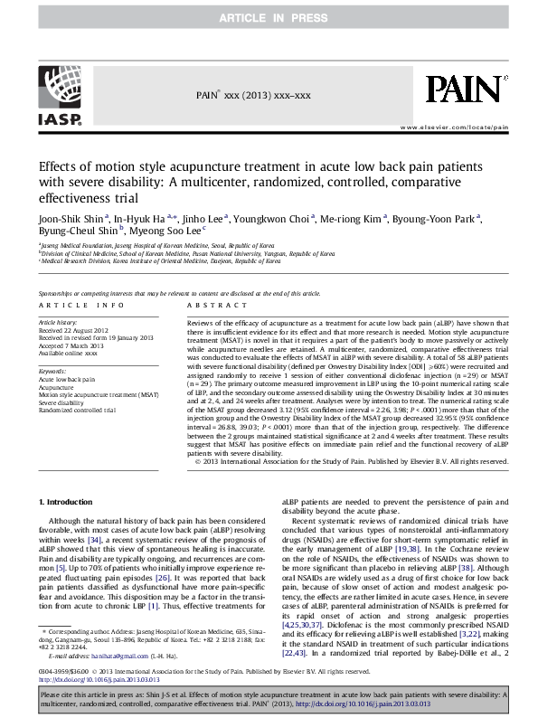 (PDF) Effects of motion style acupuncture treatment in acute low back ...