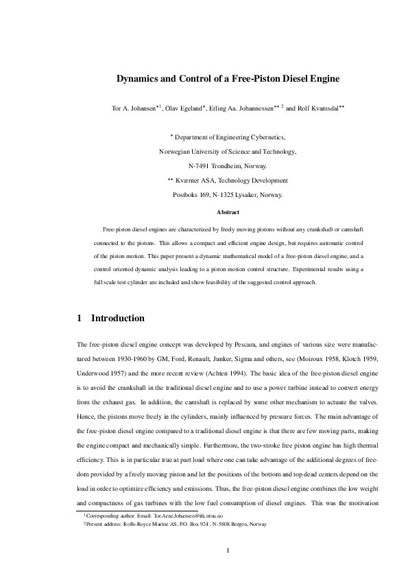 (PDF) Dynamics and control of a free-piston diesel engine