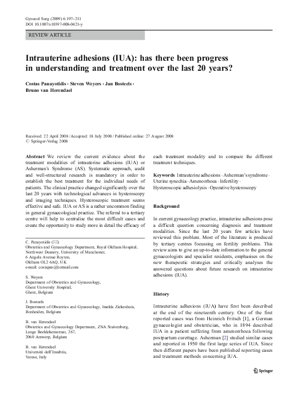 (PDF) Intrauterine adhesions (IUA): has there been progress in ...