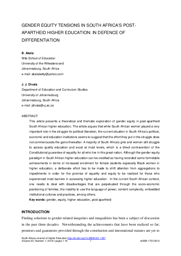(PDF) Gender Equity Tensions in South Africas post-apartheid higher ...